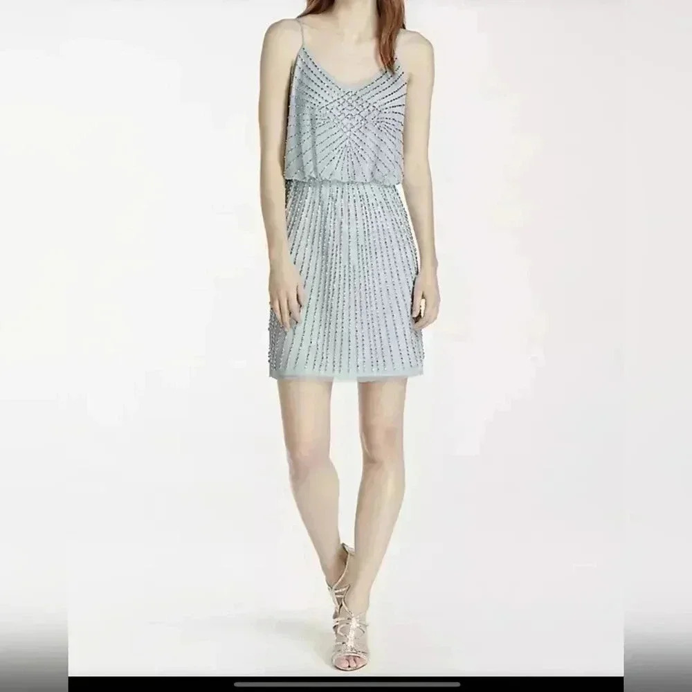 Nwt Xscape Beaded Blouson Mesh Mini Party Cocktail Dress Size 6 Light Blue